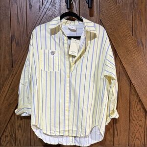 Women's Yellow and Blue Striped Button Down Shirt